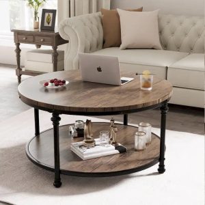 Antique Oak & Walnut Round Coffee Table with 2-Tier Shelf