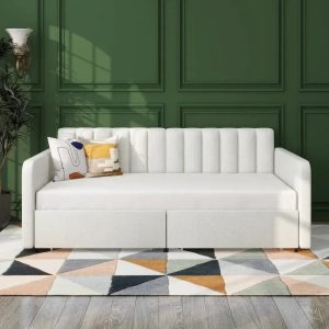 Ivory Upholstered Daybed with 2 Storage Drawers – Twin, 1-Person
