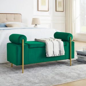 Beige / Green Linen Storage Bench with Cylindrical Arms – 2-Seat
