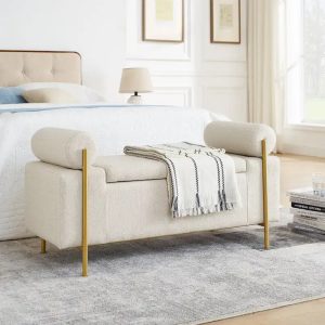 Alternative view of Beige / Green Linen Storage Bench with Cylindrical Arms – 2-Seat